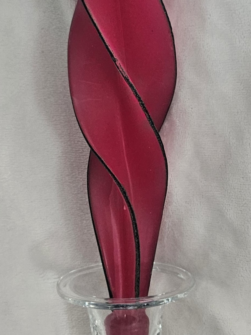 Two Deep Rose Twisted Candles With Black Edge, One Cobalt Blue Candlestick